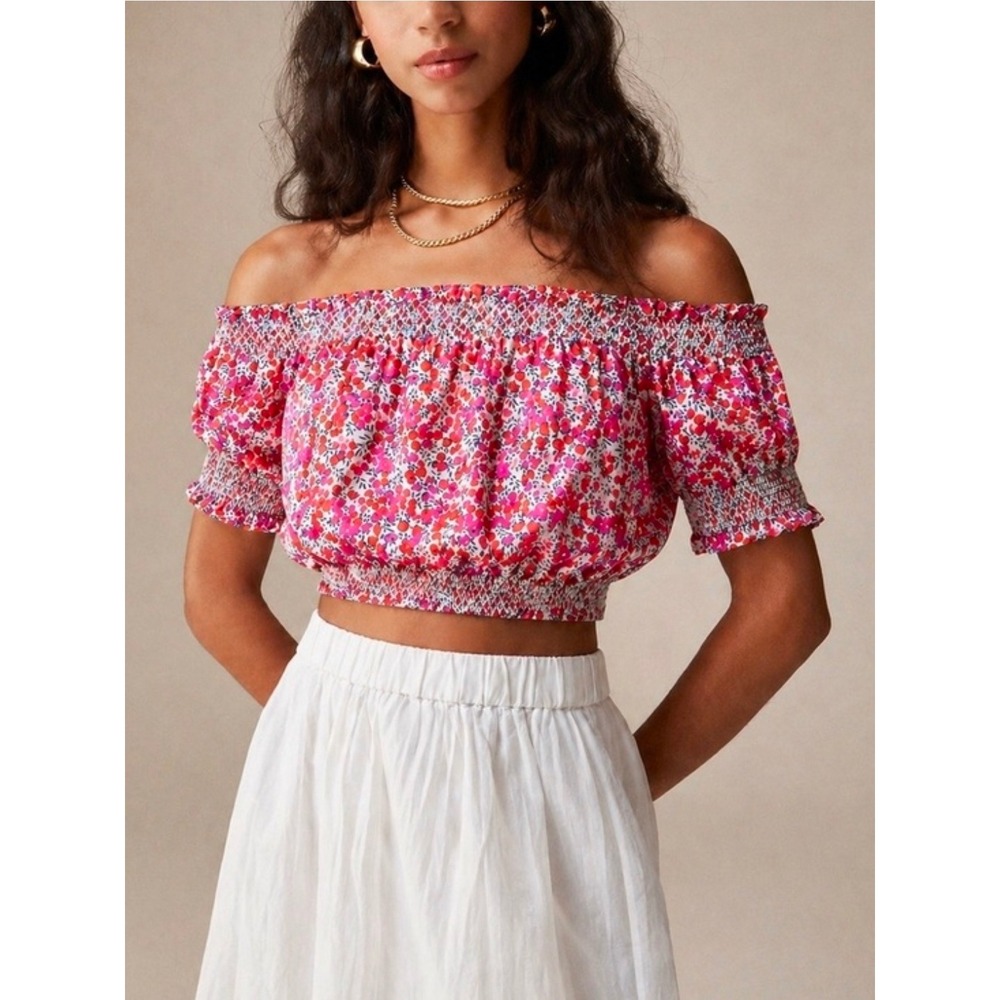 J.Crew Liberty Fabric Off-The-Shoulder Top Womens XS Pink Floral Smocked Cropped